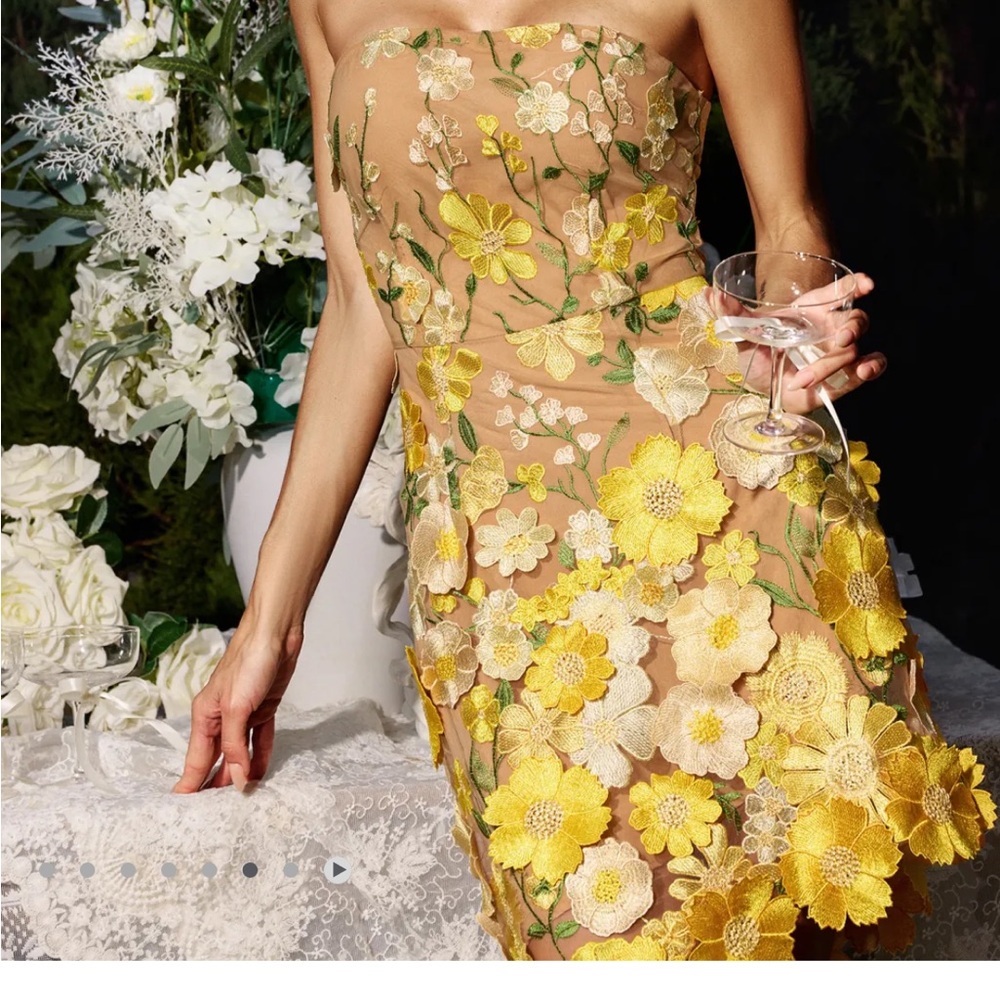 Elegant Strapless Floral Dress in Yellow